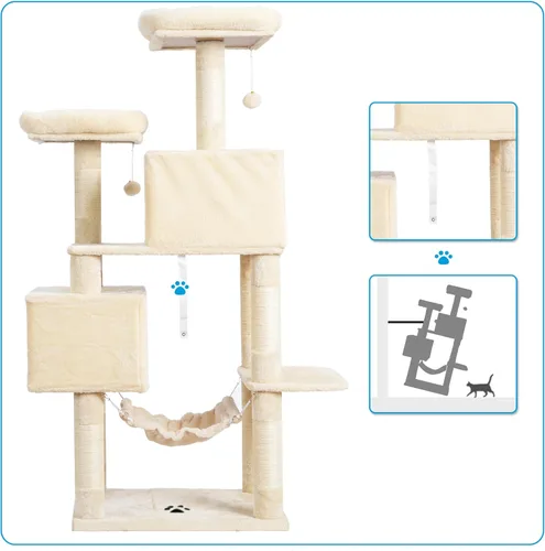 Miniatura 8 de Hey-brother - Mueble grande de casita de gato multinivel con postes rascadores cubiertos de sisal, 2 condominios de felpa más grandes, hamaca Beige
