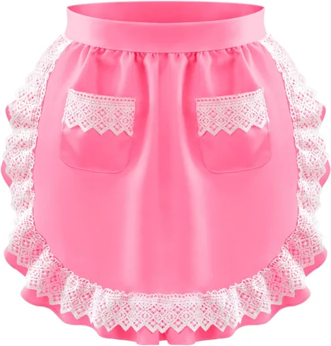 Miniatura 20 de Geyoga Delantales para mujeres con bolsillos Cocina Cocinando Camarera Sirvienta Delantal Falda Vintage Lindo Volantes Vestido Disfraz, Blanco