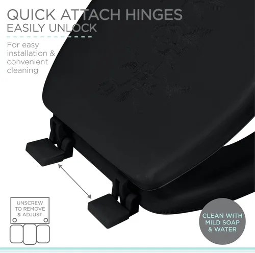 Miniatura 3 de Bath Bliss Asiento de inodoro redondo estándar extra suave Tapa de vinilo decorativa Bisagras antideslizantes de fijación rápida con tornillo