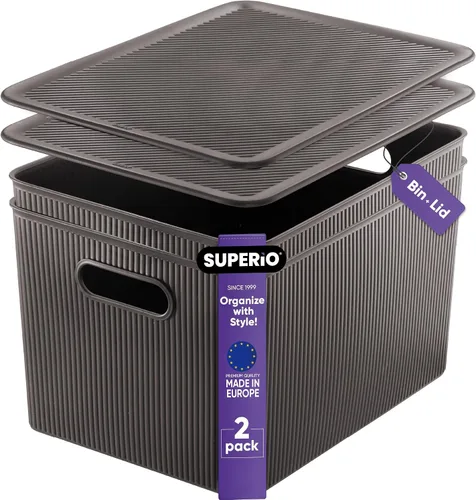 Miniatura 12 de Superio Ribbed Collection – Cesta decorativa de plástico con tapa para el hogar, tamaño XL, color marrón (paquete de 1 – 22 litros), caja apilable