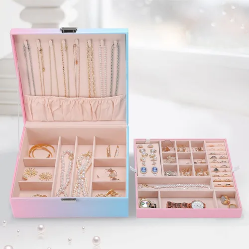 Miniatura 6 de ProCase Joyero para mujeres, niñas, novia, esposa, regalo ideal, organizador de joyas de cuero grande con dos capas para aretes, pulseras, anillos
