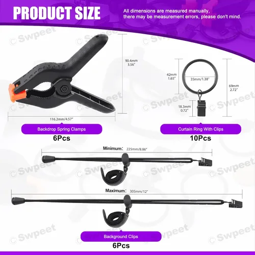 Miniatura 2 de Swpeet Kit de 22 abrazaderas para telón de fondo de fotografía, 10 anillos de cortina con clips, 6 abrazaderas de resorte para telón de fondo y 6