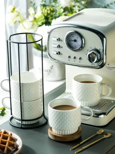 Miniatura 4 de LYEOBOH Tazas de café apilables con estante, juego de 4 tazas de café de cerámica de 13 onzas con soporte, taza de café con cuchara, tazas de Blanco