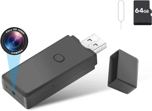 Unidad de memoria flash USB de 64GB con cámara, cámara de seguridad con resolución de video de 1080P, cámara corporal mini recargable portátil,