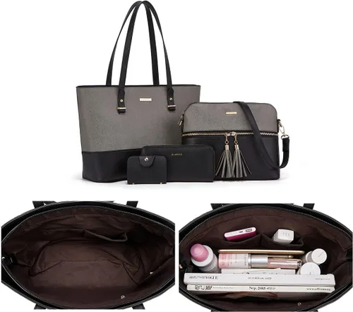 Miniatura 106 de Juego de 4 bolsas modernos para mujer de cuero sintético: bolso tote, bolso de hombro, bolso de mano y cartera.