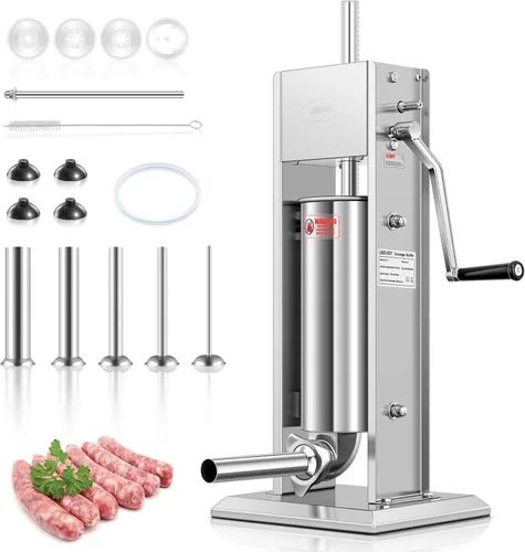 Miniatura 10 de LEEVOT - Embutidor manual de 7LBS/3L, kit profesional de acero inoxidable para hacer y rellenar salchichas con 2 velocidades, 5 tubos de relleno