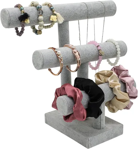 Wudygirl Soporte de exhibición de pulsera de terciopelo de hielo con barra en T de 3 niveles extraíble para pulsera, collar, reloj, lazos para el