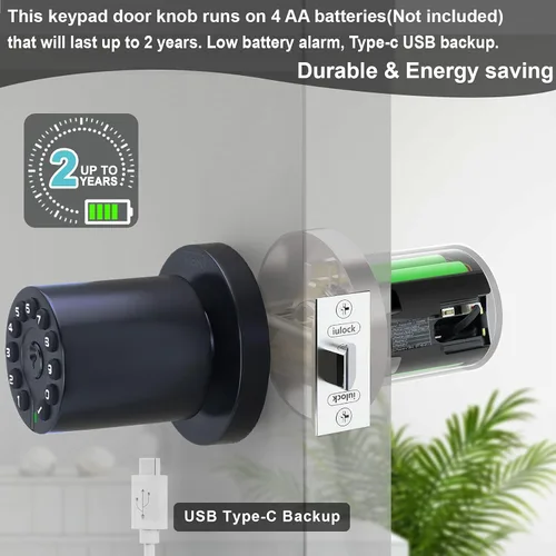 Miniatura 5 de iulock IU-20 Cerradura de puerta con código, pomo de puerta electrónico con teclado y llave, cerradura automática, resistente al agua, función