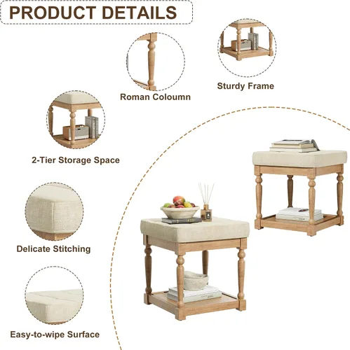 Miniatura 7 de UEV Juego de 3 mesas de café otomanas, juego de mesa de madera para sala de estar, incluye 2 mesas auxiliares tapizadas, mesita de noche, patas