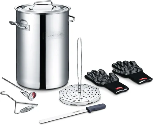 Kit de freidora de pavo Concord de acero inoxidable resistente con bastidor, cortador, gancho, termómetro y guantes resistentes al calor. También es
