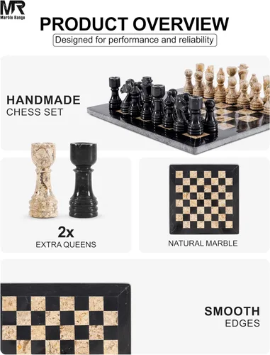 Miniatura 4 de Juego de ajedrez de mármol para adultos de 12 pulgadas, tablero hecho a mano negro y coral con 32 piezas de ajedrez, 2 reinas adicionales y caja