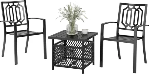 Miniatura 13 de PHI VILLA Juego de comedor de 3 piezas para patio al aire libre, mesa redonda de metal con listones y 2 sillas de patio, juego de muebles de Negro