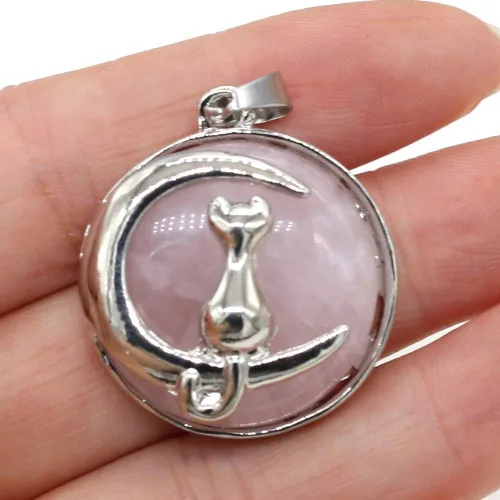 Miniatura 6 de LE SKY 10 colgantes de piedra natural de forma redonda, piedra de cristal mixta, aleación de gato, patrón para hacer joyas y collares