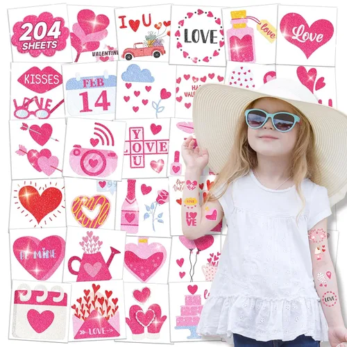 EMOME 204 tatuajes con purpurina de San Valentín para niños, envueltos individualmente, tatuajes temporales para niñas, lindos tatuajes temporales