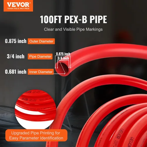 Miniatura 2 de VEVOR - Tubo PEX-B de 3/4 pulgadas x 100 pies, tubo de tubería flexible sin barrera de oxígeno, rojo para calefacción por suelo radiante hidronico
