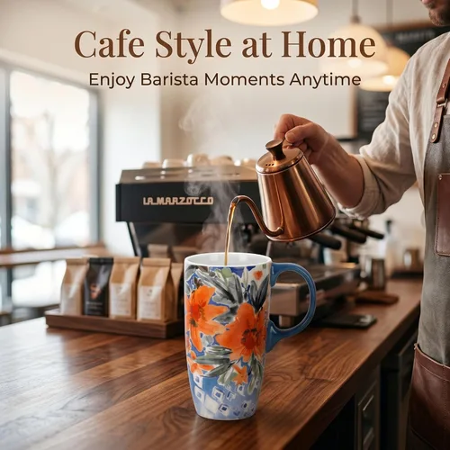 Miniatura 6 de Topadorn Taza de café de cerámica de 17 onzas con tapa y caja de regalo, taza de té de porcelana geométrica floral naranja acuarela, apta