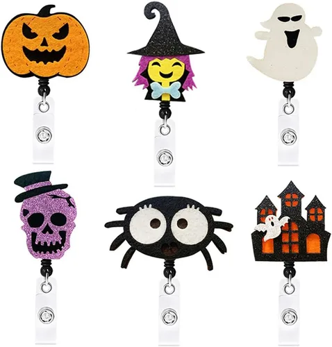 Miniatura 11 de Portatarjetas para carretes de insignias, 10 paquetes retráctiles lindos patrones de calavera de Halloween, trabajo, oficina, clip de cocodrilo