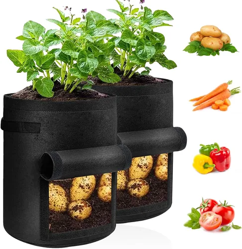 JJGoo Juego de 2 bolsas de cultivo de patatas de 10 galones con solapa, bolsas de cultivo de tela resistentes con asa y ventana de cosecha, macetas