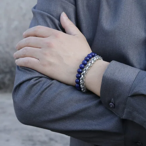 Miniatura 3 de CUSTZ Pulsera de cuentas naturales pulsera de acero inoxidable multicapa para hombres js000076