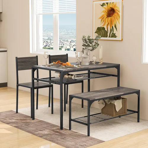 Miniatura 12 de GOFLAME Juego de mesa de comedor de 4 piezas para 4, mesa de cocina industrial con 2 sillas y banco, juego de mesa de desayuno que ahorra espacio