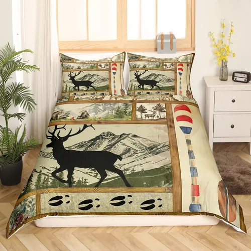 Miniatura 42 de Funda de edredón rústica tamaño Queen, juego de ropa de cama retro para cabaña de cabaña, oso de caza, ciervo, hojas de arce, funda de edredón