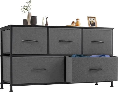 Miniatura 8 de OLIXIS Cómoda para dormitorio con 5 cajones, cómoda ancha, cómoda de tela para dormitorio con organizador de cajones, unidad organizadora de Roble