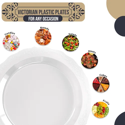 Miniatura 2 de Platos de plástico victorianos exquisitos - Juego desechable de 60 piezas para 60 invitados - 60 platos de postre transparentes y resistentes de 9