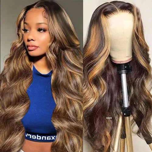 Liquidación Peluca de cabello humano con encaje frontal de 28 pulgadas, color rubio miel 4/27, 180% de densidad, predepilada con encaje frontal
