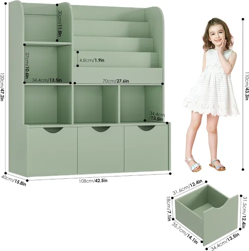 Miniatura 6 de FOTOSOK Estantería para niños de 47 pulgadas con almacenamiento de juguetes, estantería multifuncional con 5 cubos de almacenamiento y 3 cajones