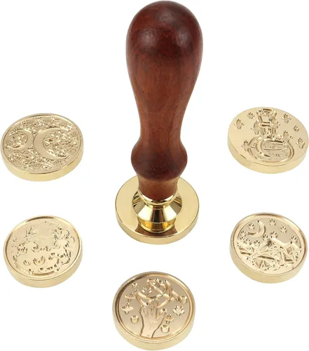 Miniatura 7 de Juego de sellos de cera Yoption, 6 sellos de cera de cobre + 1 kit de sellos de cera de madera vintage retro clásico, kit de sello de cera