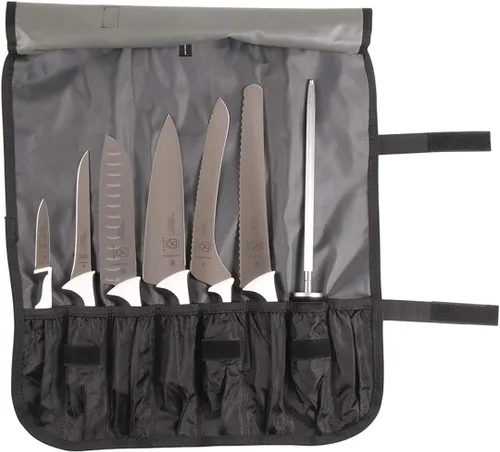 Mercer Culinary Millennia Juego de Cuchillos de 8 Piezas con Estuche Enrollable, Mangos Blancos