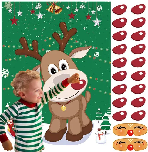 FINGOOO Pin The Nose on the Reindeer, juegos de póster de reno de Navidad grande para niños, juegos de fiesta de Navidad