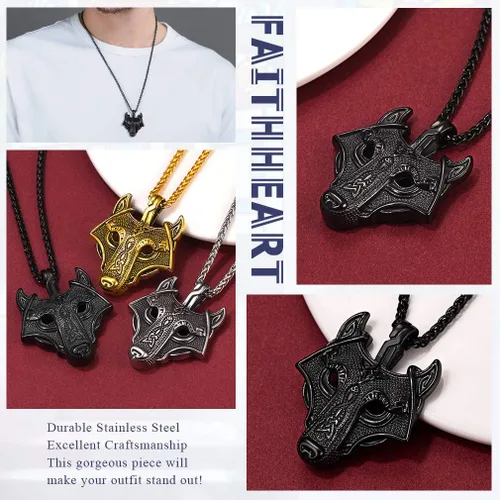 Miniatura 3 de FaithHeart Collar con colgante de lobo vikingo nórdico para hombres y mujeres, acero inoxidable, chapado en oro de 18 quilates, joyería con embalaje