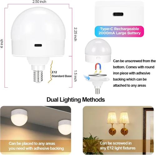 Miniatura 6 de Yochoice Bombilla de luz recargable con batería operada con control remoto E12, bombilla LED regulable con 15 colores seleccionables y 3