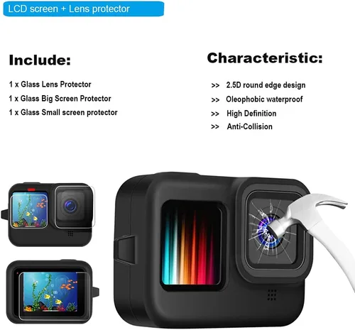 Miniatura 4 de Carcasa impermeable para GoPro Hero 13, 12, 11, 10, 9, protector de pantalla de vidrio templado negro, funda protectora de silicona, kit