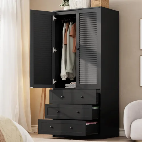 GarveeHome Armario para guardar ropa con cajones, armario de madera de 69.5 pulgadas con barra para colgar, armario de almacenamiento para ropa con