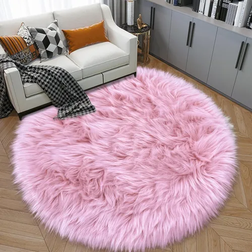 Miniatura 43 de Alfombras Redondas Rosadas Esponjosas de 4 Pies para Dormitorio de Niñas, Alfombra de Piel Sintética de Oveja de Felpa para Sala de Estar, Alfombra