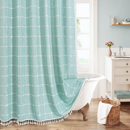 Miniatura 15 de MitoVilla Juego de cortinas de ducha estilo bohemio, modernas cortinas de ducha bohemias para decoración de baño, cortina de ducha de tela de lino