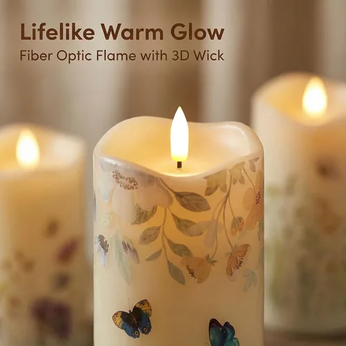 Miniatura 8 de Eywamage Velas de pilar de fibra óptica sin llama con control remoto, juego de 3, velas LED de resorte floral de mariposa, funciona