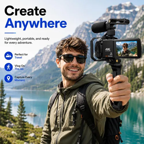 Miniatura 7 de Acuvar Videocámara 4K 60FPS 48MP con WiFi, zoom 18X, pantalla abatible, micrófono externo, estabilizador y trípode, kit de cámara de vlogging con 2