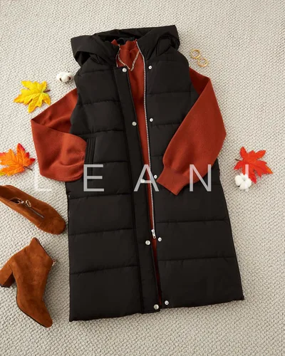 Miniatura 6 de LEANI Chaleco largo acolchado con cremallera completa para mujer, abrigo sin mangas con bolsillos