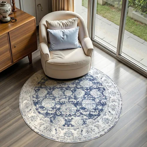 Miniatura 156 de Jinchan Fiora - Alfombra redonda de 8 pies, alfombras vintage con diseño floral envejecido, lavable a máquina, antideslizante, de pelo bajo, Azul