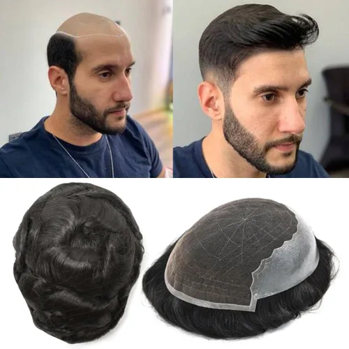 Miniatura 87 de Toupee - Sistemas de reemplazo de cabello para hombre, encaje frontal suizo, nudo blanqueado, pieza de cabello humano natural 1# negro azabache, 8 x