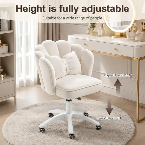 Miniatura 4 de Silla de tocador con ruedas Silla de escritorio de pétalos de terciopelo Silla de oficina en casa copetada tapizada para mujeres y niñas, Silla
