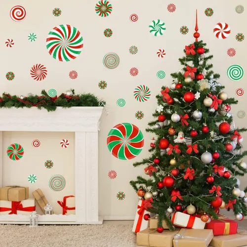 Miniatura 2 de 54 piezas de calcomanías adhesivas de Navidad para pared con decoración de caramelo de Navidad, calcomanías adhesivas de caramelo de menta para Rojo
