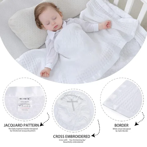 Miniatura 3 de Booulfi Mantas de bebé bordadas con cruz neutra para niños y niñas, manta blanca para bautizo, bautizo, borde satinado, cubierta de chal