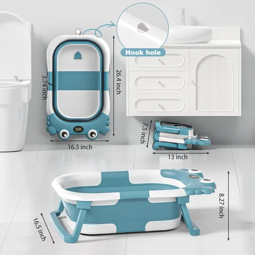 Miniatura 3 de Bañera plegable para bebés recién nacidos con termómetro y almohadilla flotante suave Bañera portátil y plegable para viajes para bebés de 0 a 36