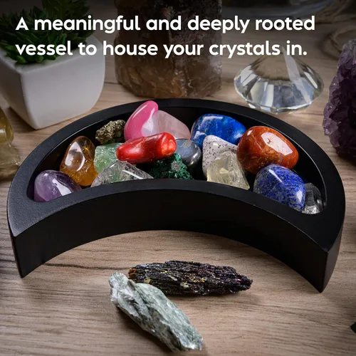 Miniatura 3 de Bandeja de luna creciente – Muestra tus gemas, piedras curativas y tesoros – Bandeja de exhibición de cristal de madera de 6 x 3 pulgadas, soporte