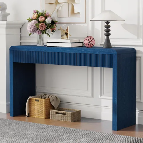 Miniatura 19 de Knocbel Mesa consola con 2 cajones ranurados, mesas de sofá modernas con curvas redondeadas únicas y superficie lisa para sala de estar, entrada, 55