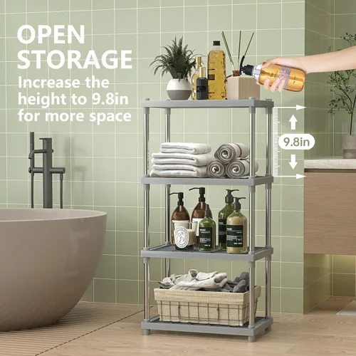 Miniatura 3 de Estantes de plástico y metal gris de 4 niveles, estantes de almacenamiento duraderos, estantes abiertos para despensa, cocina, baño, tubos de acero